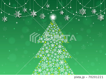 キラキラ クリスマスツリーと雪の結晶オーナメントのシンプルな風景 緑のイラスト素材