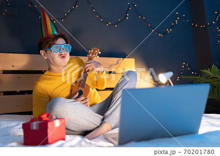 man celebrating birthday online man celebrating birthday online 70201780
