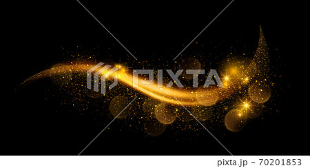 Vector magic light effect. Golden sparkles, glowing bokeh lights. Sparkling glitter wave on black. Abstract luxury background.	 70201853