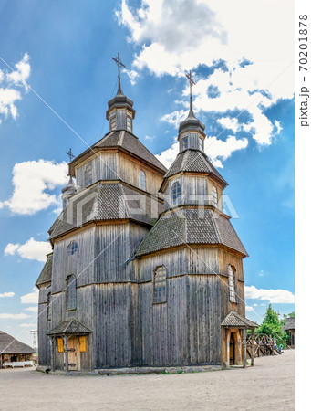 Wooden church in the National Reserve Khortytsia, Zaporozhye, Ukraine Wooden church in the National Reserve Khortytsia, Zaporozhye, Ukraine 70201878