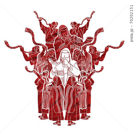 Feast of trumpets. Group of Jewish people blowing the shofar horn cartoon graphic vector Feast of trumpets. Group of Jewish people blowing the shofar horn cartoon graphic vector 70202151