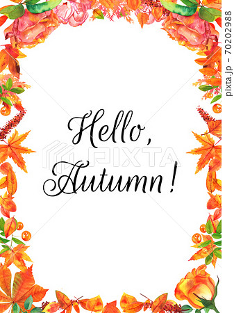 Hello, Autumn greeting card with a frame of watercolor leaves, branches and flowers 70202988