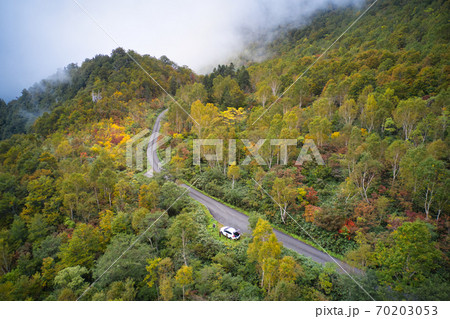蓮華温泉付近の美しく広大な紅葉　新潟県糸魚川市（ドローンによる空撮） 70203053