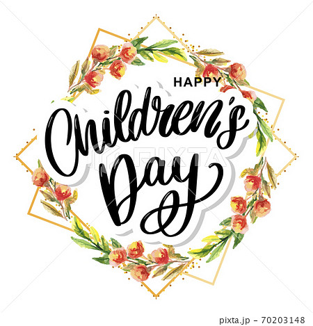 happy children's day, cute vector greeting card with funny letters in scandinavian style and cartoon landscape 70203148