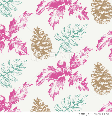 Seamless Christmas pattern with blue and green fir branches, cones and berries. 70203378