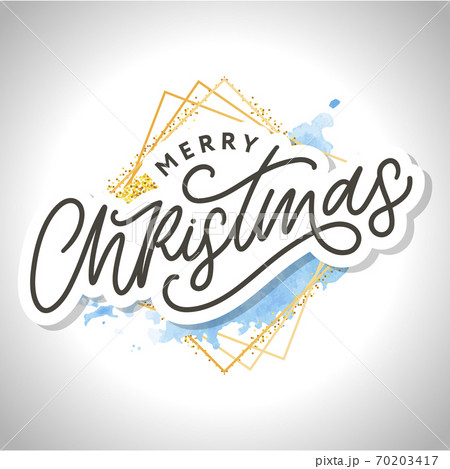Merry christmas Beautiful greeting card poster with calligraphy black text word. Hand drawn design elements. Handwritten modern brush lettering white background frame watercolor 70203417