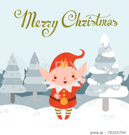 Merry christmas vector postcard with Christmas elf greets in winter landscape Merry christmas vector postcard with Christmas elf greets in winter landscape 70203704
