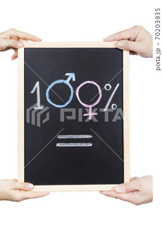 Hands holding a slate with the 100% equal symbol on a white background Hands holding a slate with the 100% equal symbol on a white background 70203935
