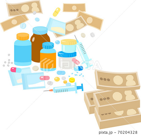 たくさんの医薬品と札束のイラスト素材