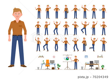 Adult office cartoon character man in jeans standing front view flat style design vector illustration set. Male person wearing jeans, body poses, face emotions, desk, chair office interior infographic Adult office cartoon character man in jeans standing front view flat style design vector illustration set. Male person wearing jeans, body poses, face emotions, desk, chair office interior infographic 70204349