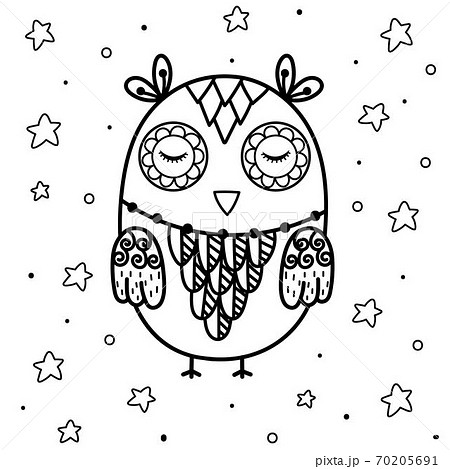 Cute sleeping owl coloring page. Black and white print with funny animal Cute sleeping owl coloring page. Black and white print with funny animal 70205691