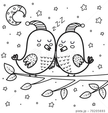 Cute sleeping birds at night coloring page. Moon and stars black and white background 70205693