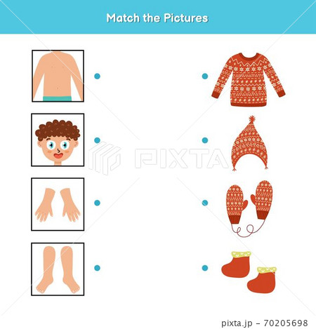 Clothes and body parts matching game for kids. Join each picture of clothing to part of body Clothes and body parts matching game for kids. Join each picture of clothing to part of body 70205698