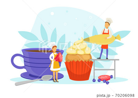 Team of Confectioners Decorating Cupake with Cream, Tiny People in Uniform and Cap Cooking in Kitchen Vector Illustration 70206098