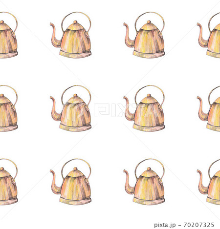Teapot pattern. Hand drawn copper teapots on white background. Seamless backdrop. Teapot pattern. Hand drawn copper teapots on white background. Seamless backdrop. 70207325