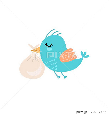 Cute bird carrying baby bag. Baby shower Isolated element. Funny character 70207437