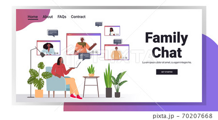 woman having virtual meeting with family members in web browser windows video call online communication 70207668