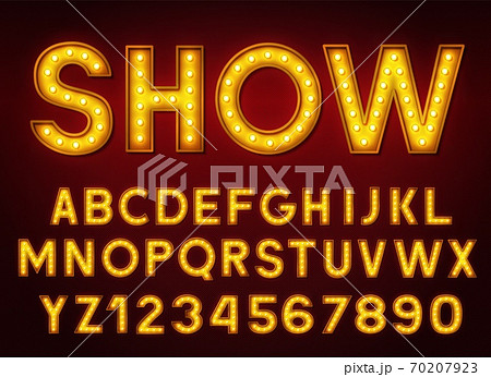 3d light bulb alphabet with numbers on a dark background. 70207923