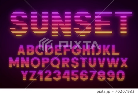 Futuristic retrowave font. Striped gradient glowing letters and numbers on dark background. Futuristic retrowave font. Striped gradient glowing letters and numbers on dark background. 70207933