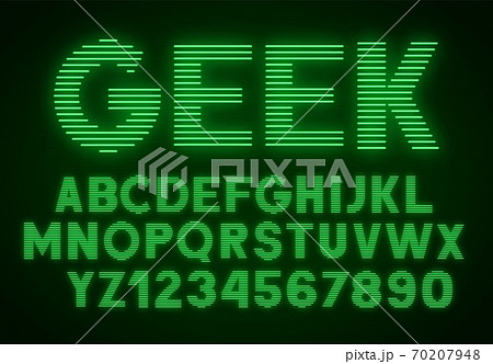 Striped glowing letters and numbers on dark background. Retro green front. Striped glowing letters and numbers on dark background. Retro green front. 70207948
