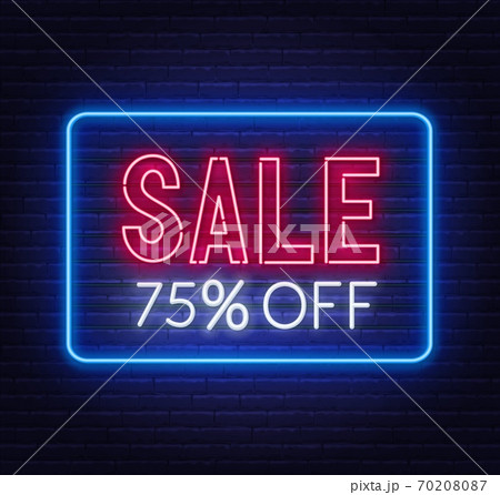 Sale 75 percent off neon sign on brick wall background. 70208087