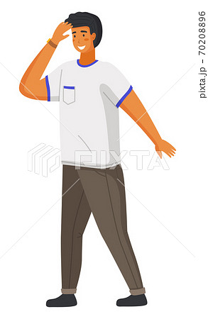 Young handsome smiling man in casual modern clothes like shirt and pants goes looking forward 70208896