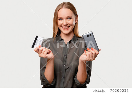 mobile banking satisfied female client credit card 70209032