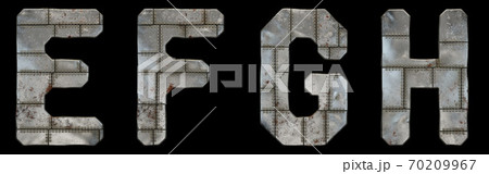 Set of capital letters E, F, G, H made of industrial metal isolated on black background. 3d 70209967