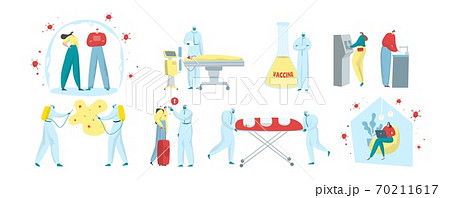 Coronavirus vector illustration set, cartoon doctor character in medical mask uniform disinfect, find, advice sick people isolated on white 70211617