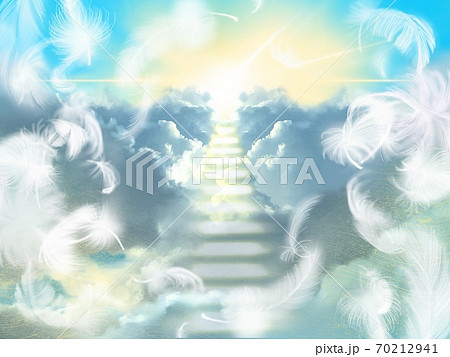 青空を舞う白い羽と天国に続く雲の階段のイラスト素材