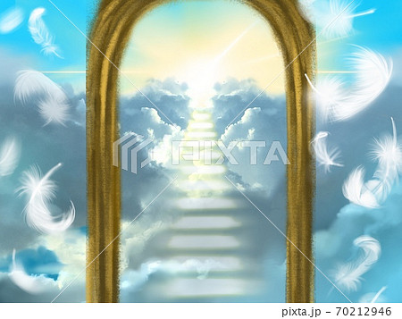 青い空の中に立つ門の周りを舞う白い羽と天国に続く雲の階段のイラスト素材