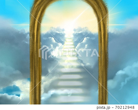青い空の中に立つ門と光さす天国に続く雲の階段のイラスト素材