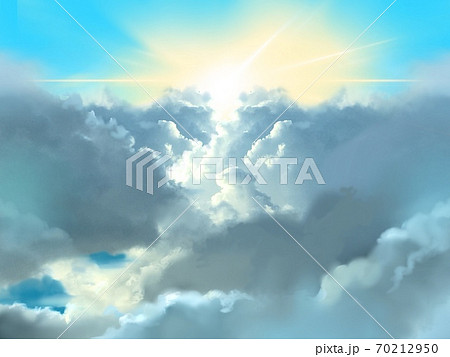 青い空の中に光りさす太陽光と天国に続く雲の道のイラスト素材