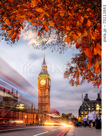 Night traffic jam with autumn leaves against Big Ben in London, England, UK 70213663