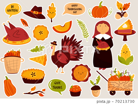 Set of cute colorful stickers with famous symbols of Thanksgiving day. Funny vector illustrations. Set of cute colorful stickers with famous symbols of Thanksgiving day. Funny vector illustrations. 70213730