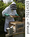 Beekeeper inspecting a frame of honey from hive 70214325