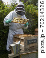 Beekeeper inspecting a frame of honey from hive 70214326