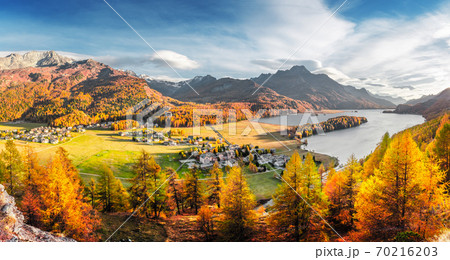 Autumn lake Sils in Swiss Alps 70216203