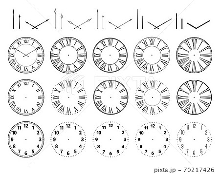 時計の文字盤と針のシルエット素材 アンティーク イラスト 中心ありのイラスト素材