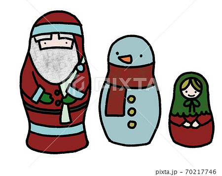 サンタクロースと雪だるまと女の子をマトリョーシカ人形にした手描きイラスト(黒の線画) 70217746