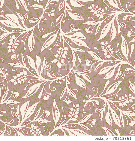 Floral seamless pattern with leaves and berries in cream, taupe, red and chartreuse green colors 70218361