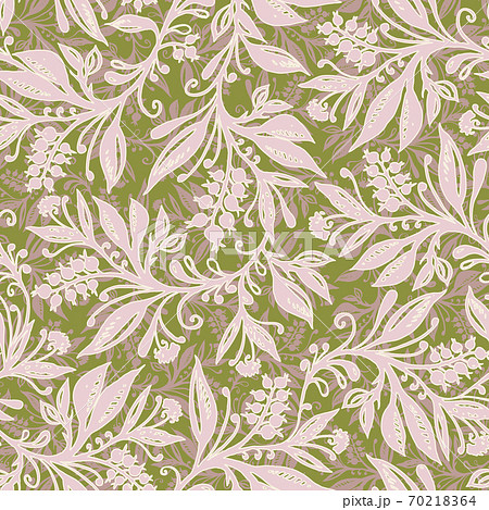 Floral seamless pattern with leaves and berries in chartreuse green, pink and taupe colors 70218364