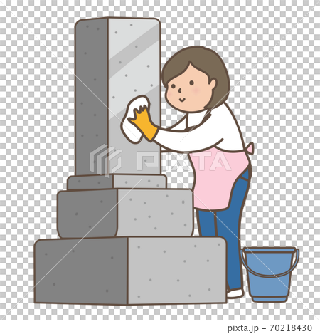 お墓の清掃サービス 綺麗にしたお墓の写真を撮る女性スタッフのイラスト素材