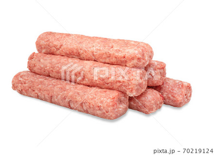 Row of fresh raw beef kebabs isolated on white 70219124