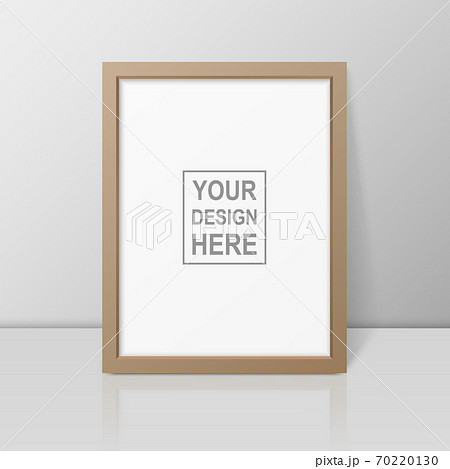 Vector 3d Realistic A4 Brown Wooden Simple Modern Frame on a Glossy White Shelf or Table with Reflection Against a White Wall. It can be used for presentations. Design Template for Mockup, Front View Vector 3d Realistic A4 Brown Wooden Simple Modern Frame on a Glossy White Shelf or Table with Reflection Against a White Wall. It can be used for presentations. Design Template for Mockup, Front View 70220130