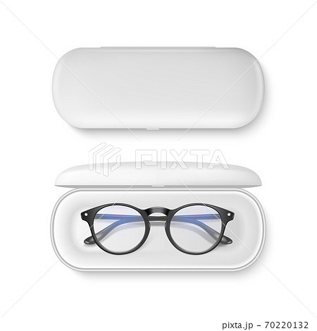 Vector 3d Realistic Plastic Round Black Rimmed Eye Glasses in White Case Box Set Closeup Isolated on White Background. Women, Men, Unisex Accessory. Optics, Health Concept. Design Template for Mockup 70220132