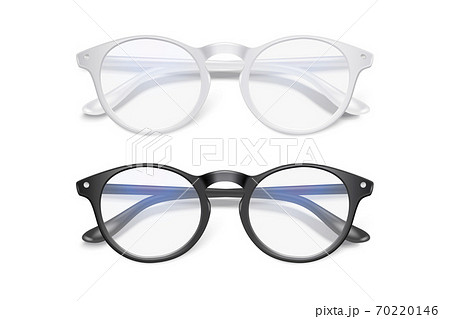 Vector 3d Realistic Plastic Round White, Black Rimmed Eye Glasses Set Closeup Isolated on White Background. Women, Men, Unisex Accessory. Optics, Health Concept. Design Template, Mockup. Top View 70220146