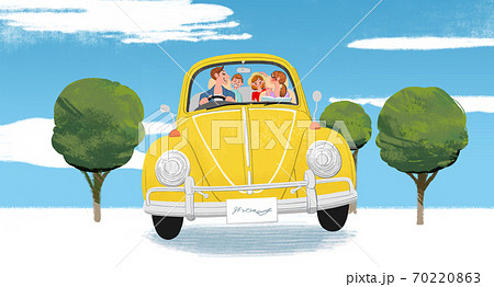 車で旅行に出かける家族のイラストのイラスト素材