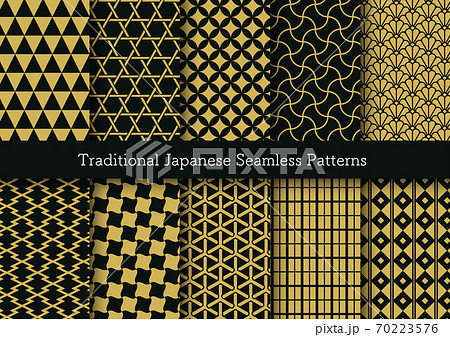 金と黒の和柄のシームレスパターンのベクターセットのイラスト素材