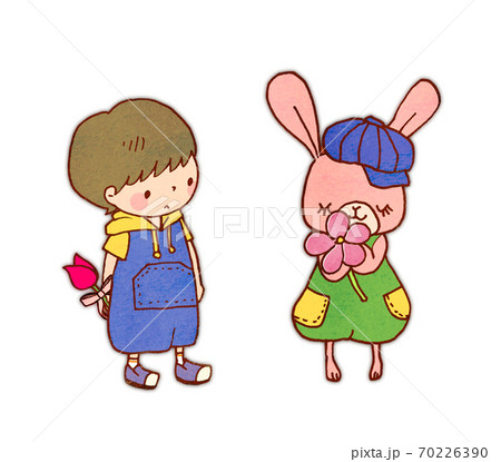 花を渡したい男の子とウサギの女の子のイラスト素材